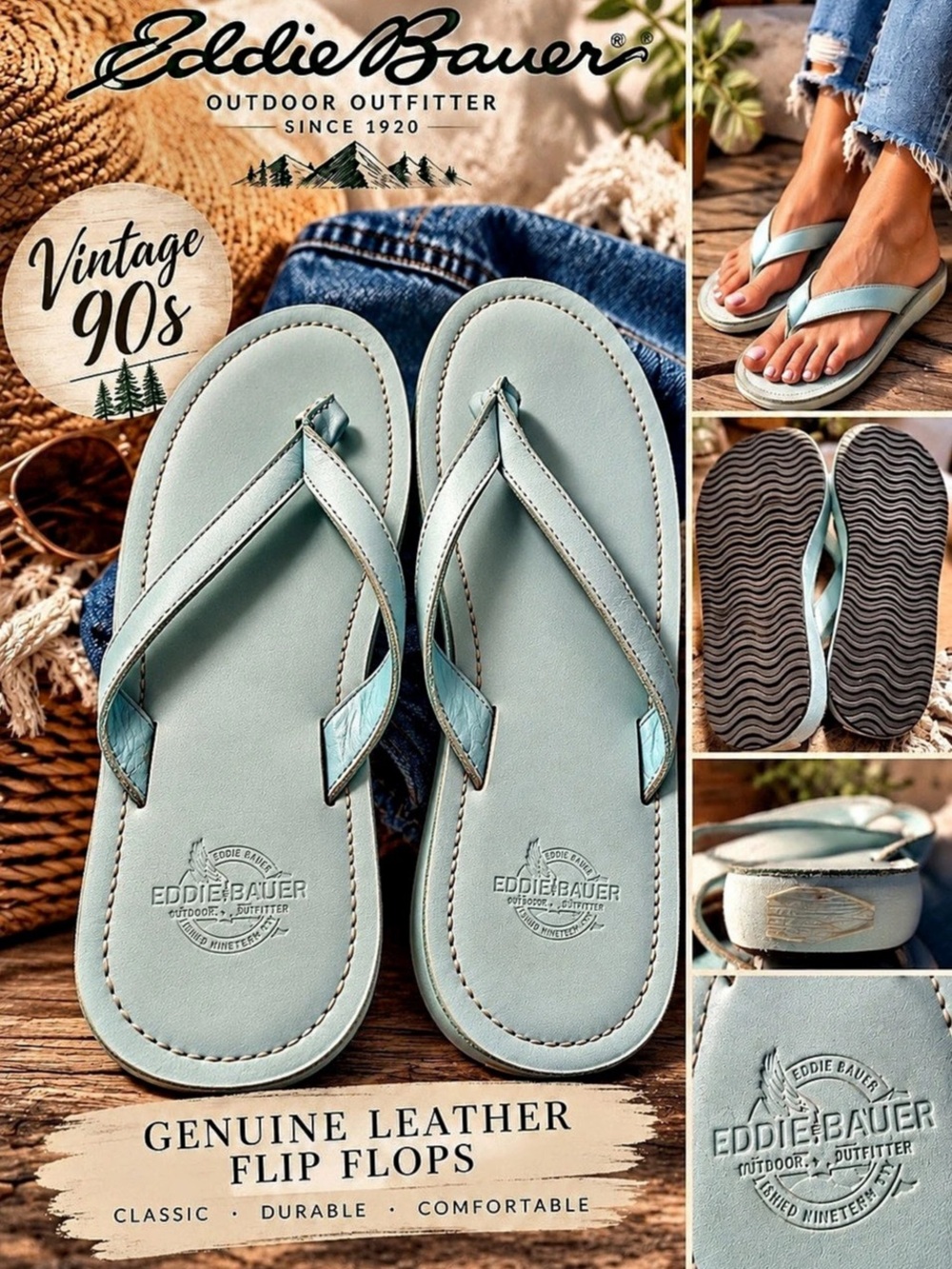 Vintage Eddie Bauer Leather Flip Flops in Green Like New Bring on The 90’s Baby